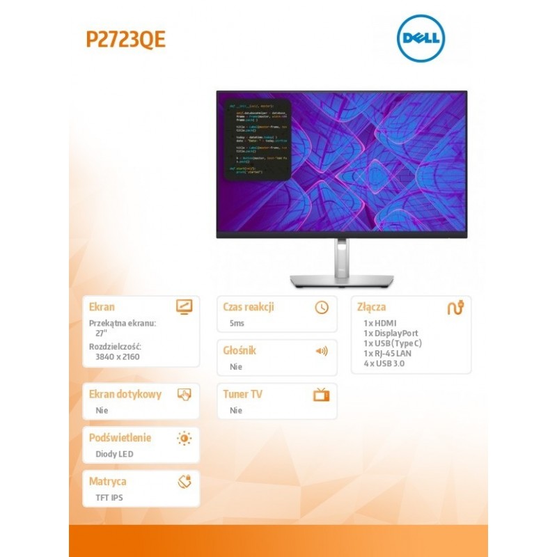 Monitor P2723QE 27 cali IPS LED 4K (3840x2160)/16:9/HDMI/DP/USB-C/4xUSB 3.2 /RJ45/3Y AES Monitor P2723QE 27 cali IPS LED 4K (3840x2160)/16:9/HDMI/DP/USB-C/4xUSB 3.2 /RJ45/3Y AES
