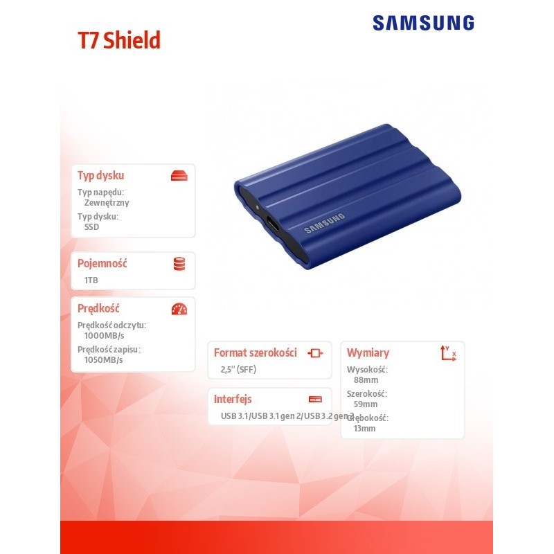 Dysk SSD T7 Shield 1TB USB 3.2, niebieski