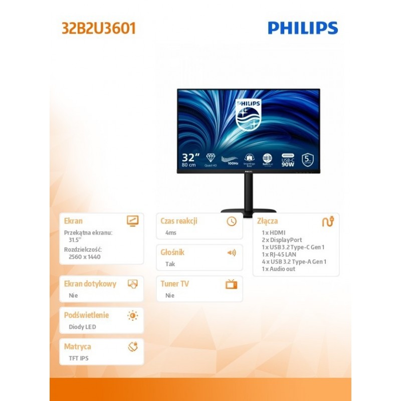 Monitor 31.5 cala 32B2U3601 IPS 100Hz HDMI DP RJ45 USB-C Pivot