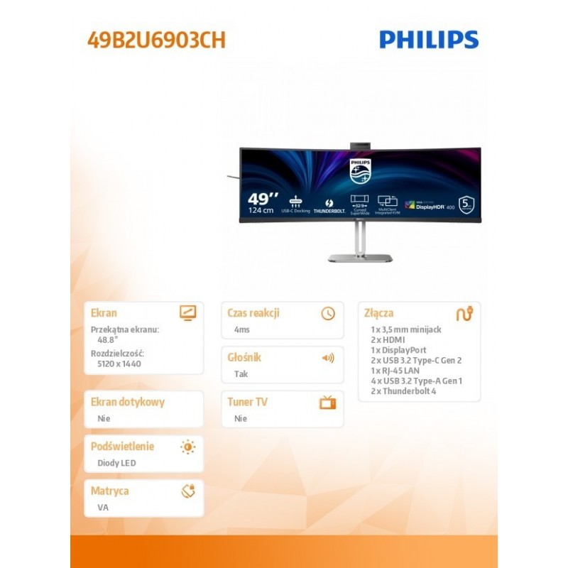 Monitor wielkoformatowy 48.8 cala 49B2U6903CH VA HDMIx2 DP RJ45 HAS Thunderbolt 4