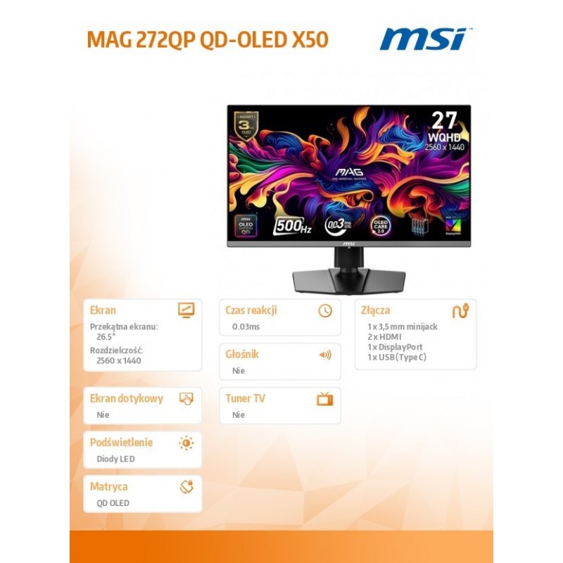 Monitor MAG 272QP QD-OLED X50/26.5 cala/QD-OLED/WQHD/Flat/500Hz/Black Monitor MAG 272QP QD-OLED X50/26.5 cala/QD-OLED/WQHD/Flat/500Hz/Black