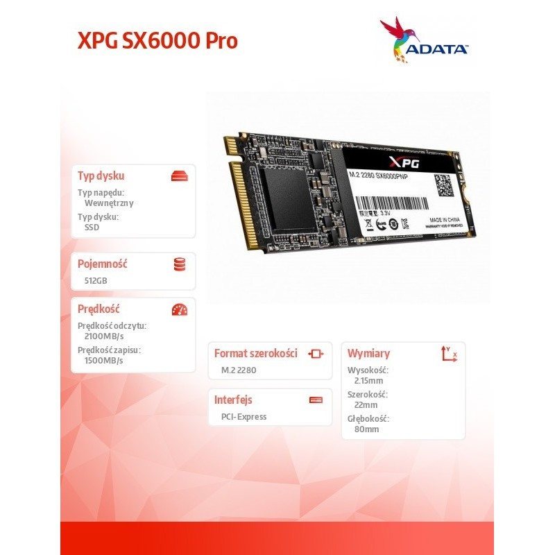Dysk SSD XPG SX6000 Pro 512GB PCIe 3x4 2.1/1.5 GB/s M2 Dysk SSD XPG SX6000 Pro 512GB PCIe 3x4 2.1/1.5 GB/s M2