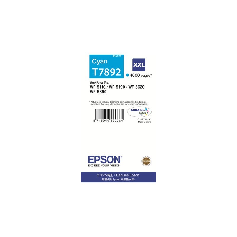 EPSON C13T789240 Tusz Epson cyan T7892 34 ml WF-5110DW/WF-5190DW/WF-5620DWF/WF-5690DWF EPSON C13T789240 Tusz Epson cyan T7892 34 ml WF-5110DW/WF-5190DW/WF-5620DWF/WF-5690DWF