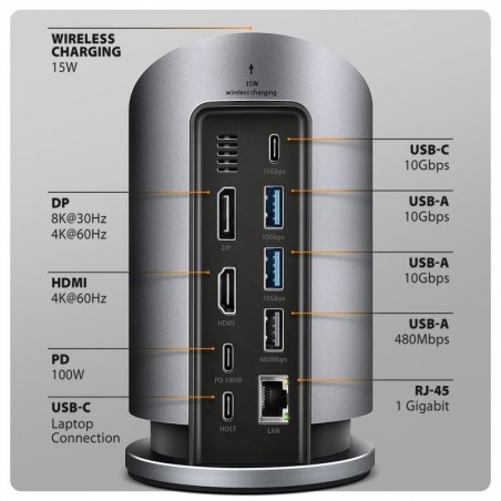HMC-WL9 Wieloportowy hub USB 9in1, 10Gbps, 3xUSB-A, 1xUSB-C, DP 8K/60Hz, HDMI 4K/60Hz, PD 100W, GLAN, 100cm USB-C kabel, wireles HMC-WL9 Wieloportowy hub USB 9in1, 10Gbps, 3xUSB-A, 1xUSB-C, DP 8K/60Hz, HDMI 4K/60Hz, PD 100W, GLAN, 100cm USB-C kabel, wireles