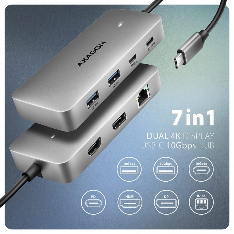 HMC-CUB83X2 Wieloportovy hub USB 7in1, 10Gbps, 2x USB-A, 1x USB-C, 1x HDMI 4K/144Hz, DP 8K/30Hz, GLAN, PD 100W, 15cm USB-C kabel HMC-CUB83X2 Wieloportovy hub USB 7in1, 10Gbps, 2x USB-A, 1x USB-C, 1x HDMI 4K/144Hz, DP 8K/30Hz, GLAN, PD 100W, 15cm USB-C kabel