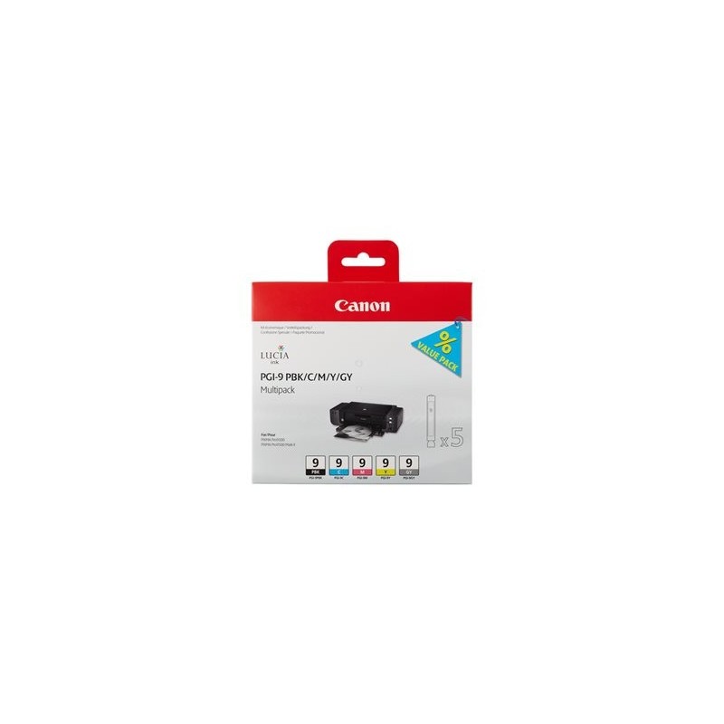 CANON 1LB PGI-9 PBK C M Y GY ink cartridge black and four colour standard capacity combopack blister with alarm