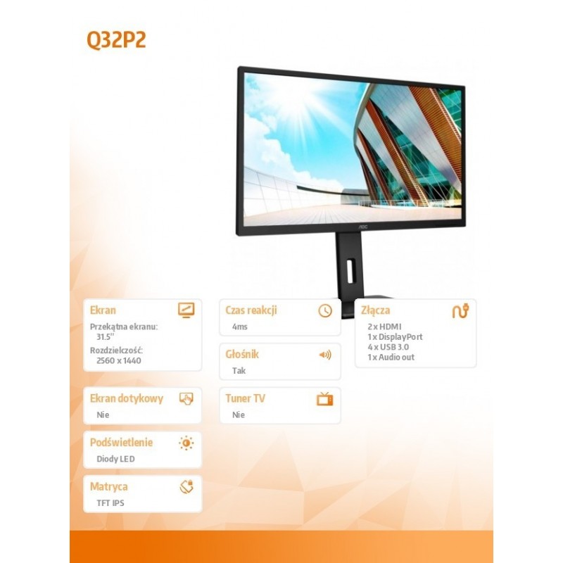 Monitor Q32P2 31.5 cala IPS HDMIx2 DP regulacja wysokości Monitor Q32P2 31.5 cala IPS HDMIx2 DP regulacja wysokości