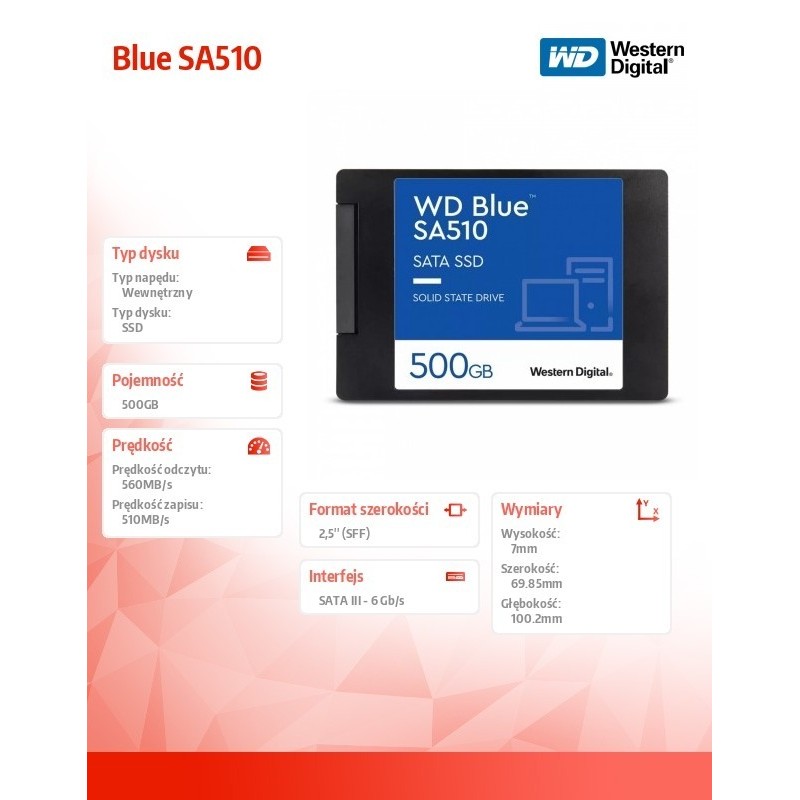 Dysk SSD Blue 500GB SA510 2,5 cala WDS500G3B0A