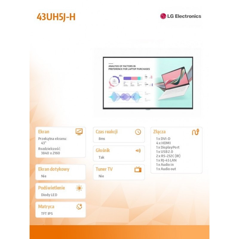 Monitor wielkoformatowy 43 cale 43UH5J-H 500cd/m2 UHD 24/7 