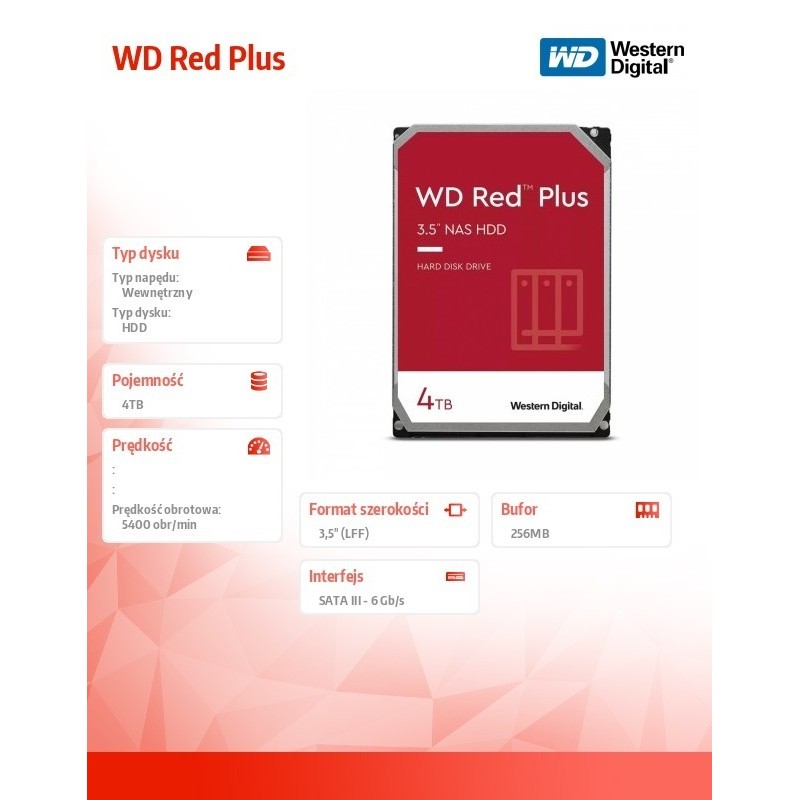 Dysk 3,5 cala WD Red Plus 4TB CMR 256MB/5400RPM