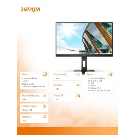 Monitor 24P2QM 23.8 cala VA 75 Hz HDMI DP DVI Pivot 