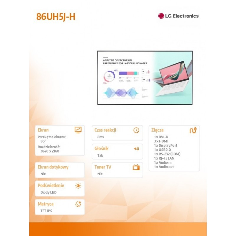 Monitor 86 cali 86UH5J-H UHD IPS 500cd/m2 24/7 Monitor 86 cali 86UH5J-H UHD IPS 500cd/m2 24/7