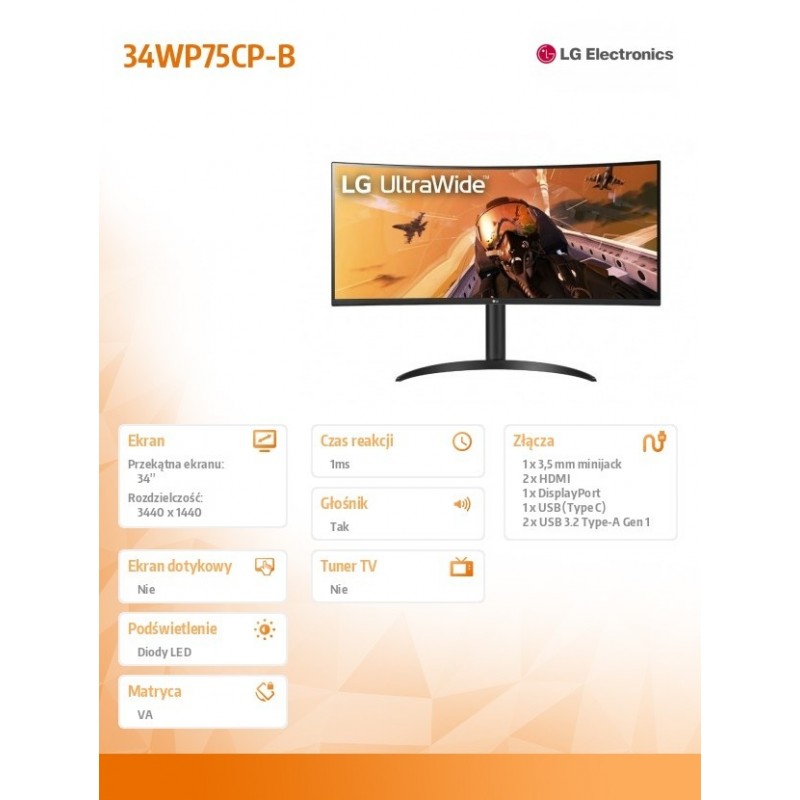 Monitor 34WP75CP-B 34 cale 21:9 UltraWide QHD VA Zakrzywiony
