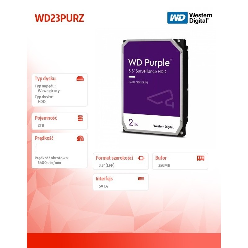 Dysk twardy WD Purple 2TB 3,5 256 MB 5400RPM WD23PURZ Dysk twardy WD Purple 2TB 3,5 256 MB 5400RPM WD23PURZ