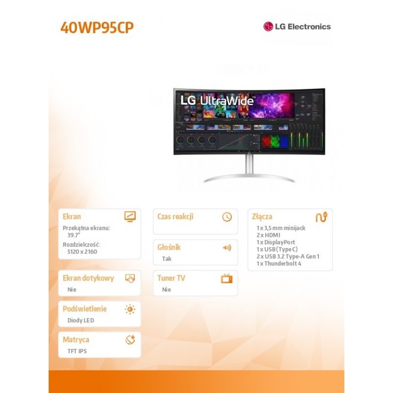 Monitor 40WP95CP-W 39.7 cala 5K2K Zakrzywiony UltraWide NanoIPS 