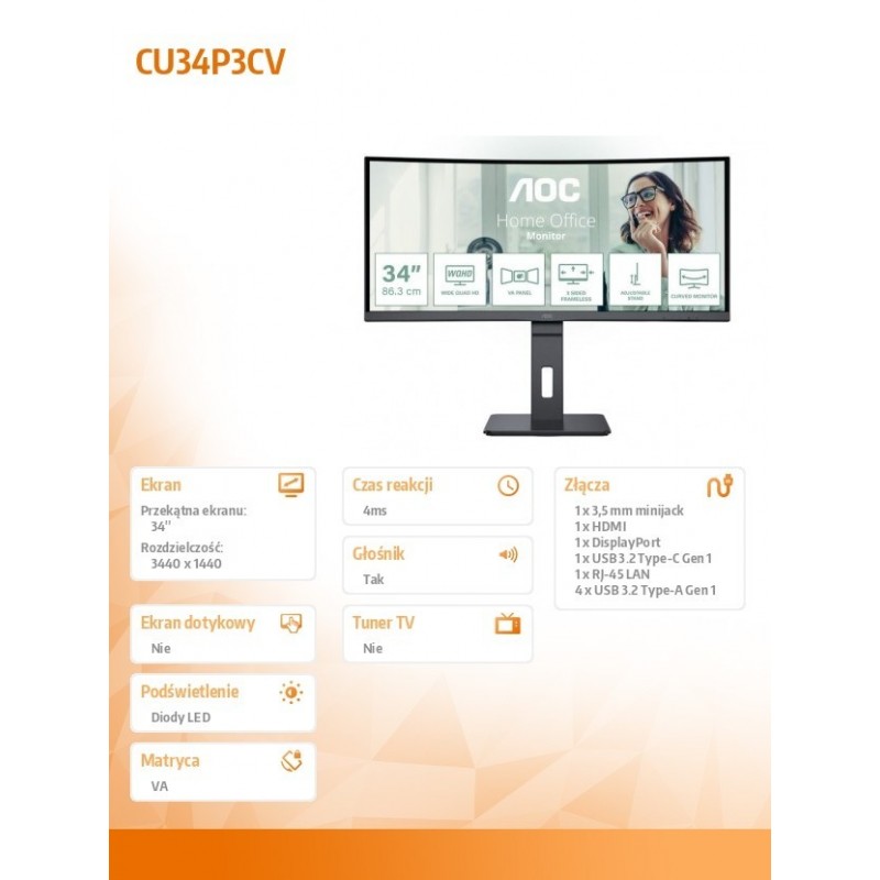 Monitor CU34P3CV 34 cale 100Hz Curved VA HDMI DP RJ45 USB-C Monitor CU34P3CV 34 cale 100Hz Curved VA HDMI DP RJ45 USB-C