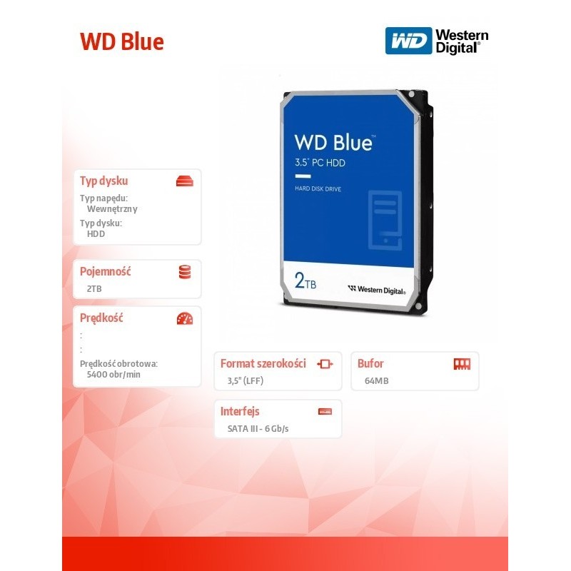 Dysk twardy WD Blue 2TB 3,5 64MB SATAIII 5400 RPM