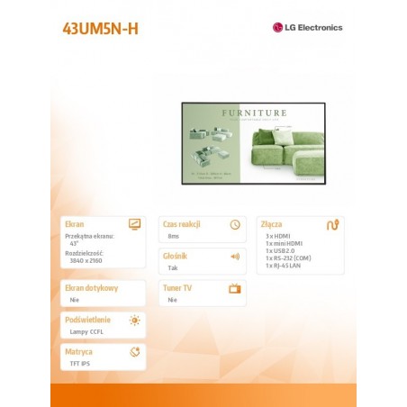 Monitor wielkoformatowy LG 43UM5N-H 500cd/m2 UHD 24/7 