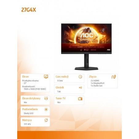 Monitor 27G4X 27 cali IPS 180Hz HDMIx2 DP Pivot Głośniki Monitor 27G4X 27 cali IPS 180Hz HDMIx2 DP Pivot Głośniki