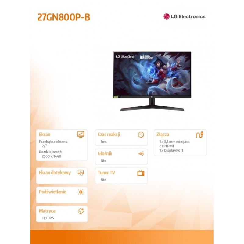 Monitor 27GN800P-B 27 cali IPS UltraGear QHD 144Hz 1ms 