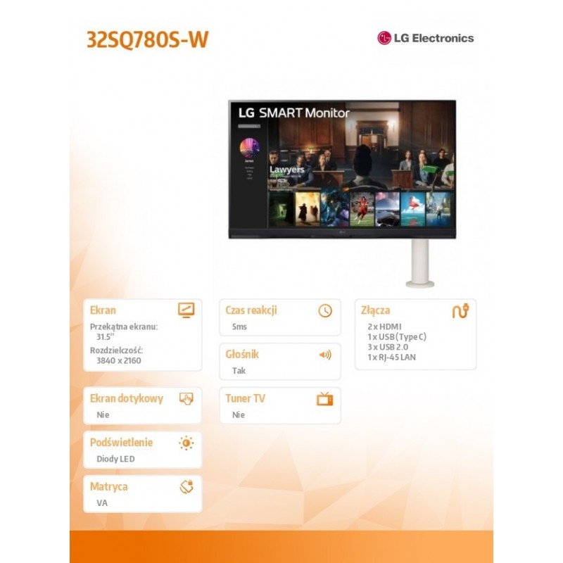 Monitor 32SQ780S-W 32 cale Smart 4K UHD webOS Ergo 