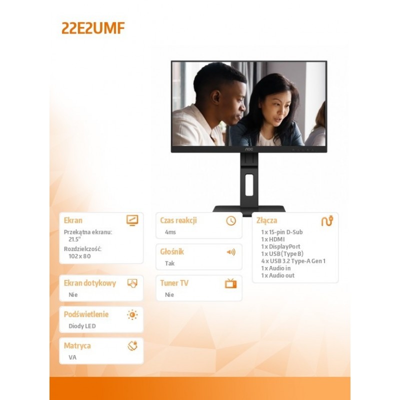 Monitor 22E2UMF 21.5 cala VA HDMI DP Pivot Głośniki Monitor 22E2UMF 21.5 cala VA HDMI DP Pivot Głośniki