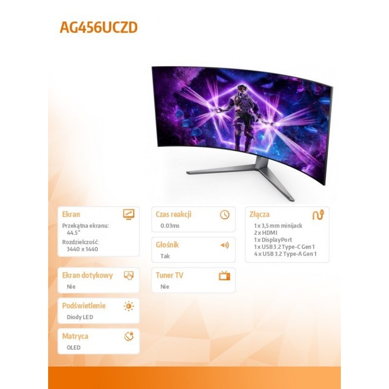 Monitor 44.5 cala AG456UCZD Curved OLED 240Hz HDMIx2 DP USB-C HAS Głośniki Monitor 44.5 cala AG456UCZD Curved OLED 240Hz HDMIx2 DP USB-C HAS Głośniki