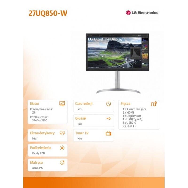 Monitor 27UQ850-W 27 cali UHD 4K Nano IPS Monitor 27UQ850-W 27 cali UHD 4K Nano IPS