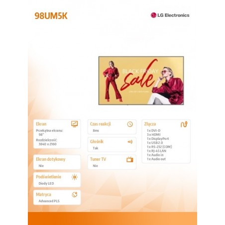 Monitor wielkoformatowy 98UM5K 98 cali UHD IPS 500cd/m2 16/7 Monitor wielkoformatowy 98UM5K 98 cali UHD IPS 500cd/m2 16/7