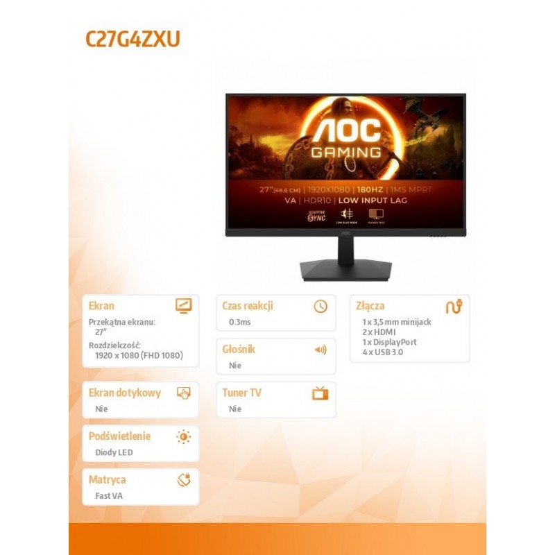Monitor C27G4ZXU 27 cali Zakrzywiony Fast VA 280Hz HDMIx2 DP HAS Monitor C27G4ZXU 27 cali Zakrzywiony Fast VA 280Hz HDMIx2 DP HAS