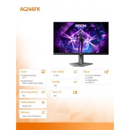 Monitor AG246FK 24.1 cala 540Hz Ultra-Fast TN HDMIx2 DP Pivot Monitor AG246FK 24.1 cala 540Hz Ultra-Fast TN HDMIx2 DP Pivot