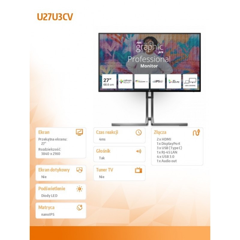 Monitor U27U3CV 27 cali 4K Nano IPS HDMIx2 DP USB-C RJ45 