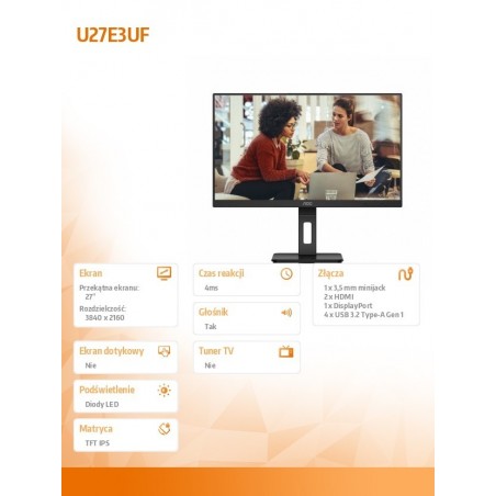 Monitor 27 cali U27E3UF 4K IPS HDMIx2 DP Pivot Głośniki Monitor 27 cali U27E3UF 4K IPS HDMIx2 DP Pivot Głośniki