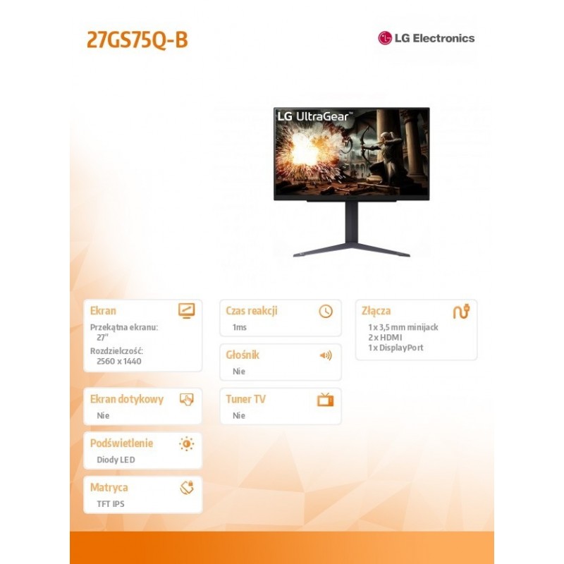 Monitor 27 cali 27GS75Q-B QHD UltraGear 200Hz, 1ms, 300cd, Pivot, HAS