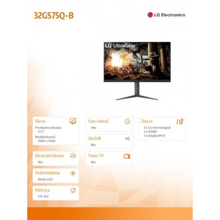 Monitor 32 cale 32GS75Q-B QHD UltraGear 180Hz, 1ms, 400 dc, DP, HDMI, Pivot, HAS