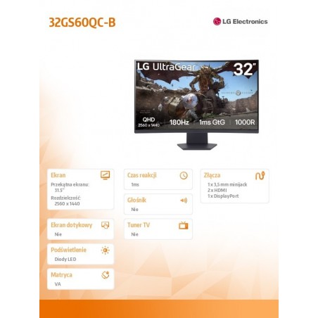 Monitor 32GS60QC-B 31.5 cala QHD 1000R Curved 180Hz