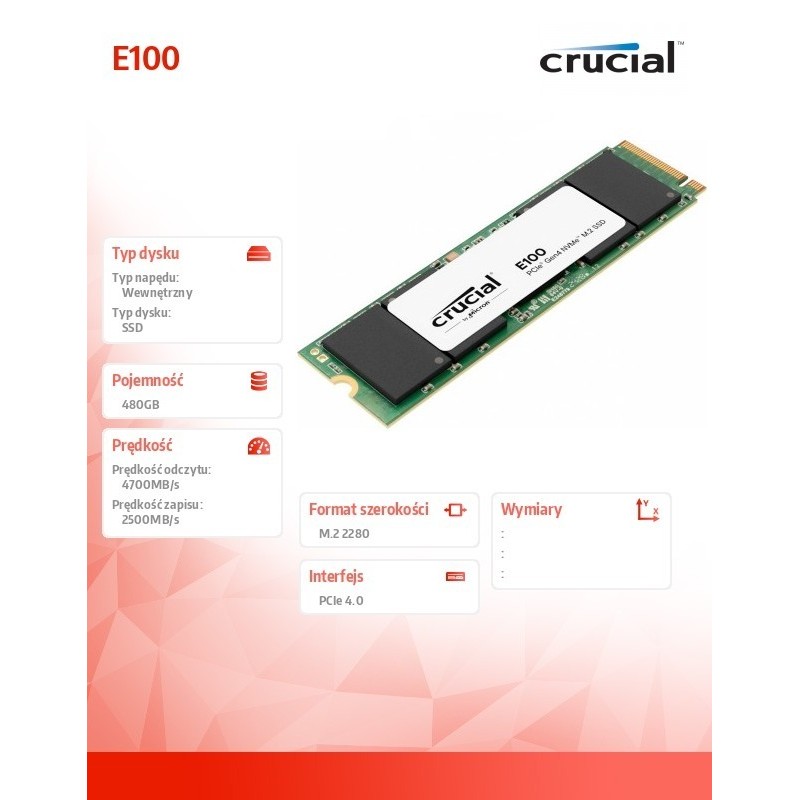 Dysk SSD E100 480GB M.2 NVMe 2280 PCIe 4.0 4700/2500 MB/s Dysk SSD E100 480GB M.2 NVMe 2280 PCIe 4.0 4700/2500 MB/s