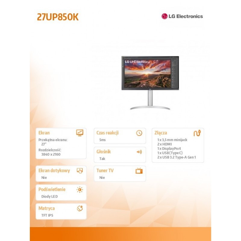 Monitor 27 cali 27UP850K-W UHD IPS USB-C Vesa DisplayHDR