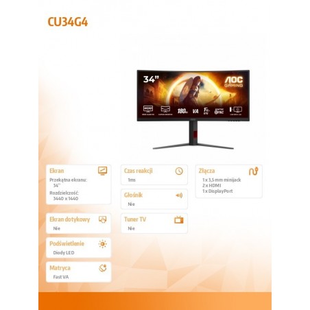 Monitor CU34G4 34 cale 180Hz Curved VA HDMIx2 DP HAS 