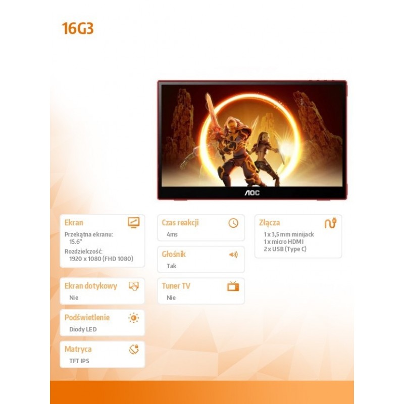 Monitor 16G3 15.6 cala IPS 144 Hz MicroHDMI USB-C Monitor 16G3 15.6 cala IPS 144 Hz MicroHDMI USB-C