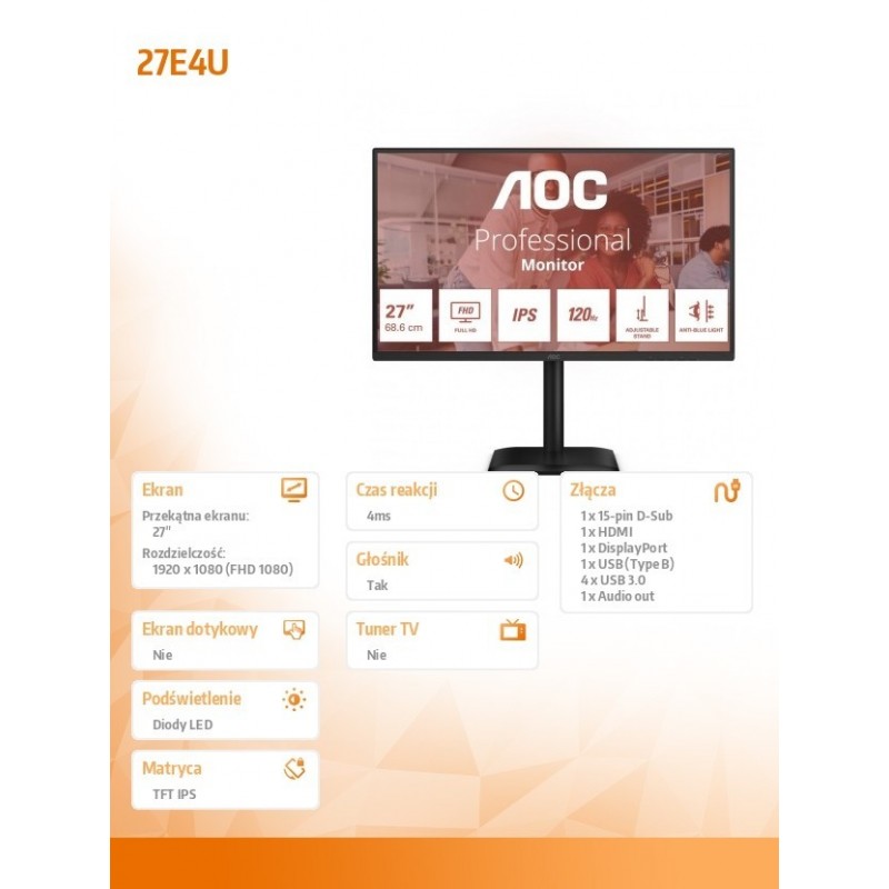 Monitor 27E4U 27 cali IPS 120Hz HDMI DP VGA Pivot 