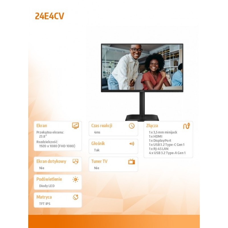 Monitor 24E4CV 23.8 cala IPS 120Hz HDMI DP USB-C RJ45 Pivot Głośniki