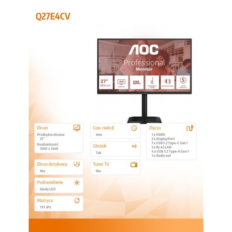 Monitor 27 cali Q27E4CV IPS 120Hz HDMI DP USB-C RJ45