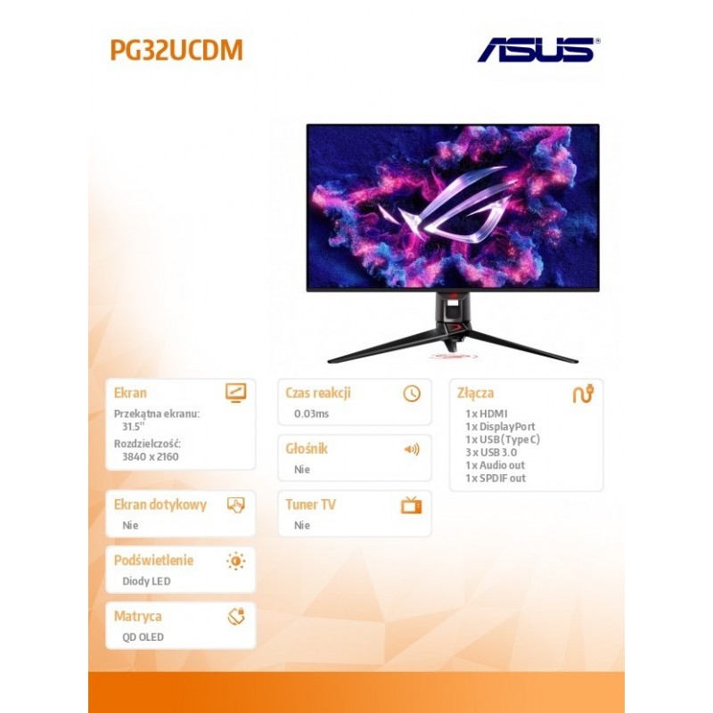 Monitor 31.5 cala PG32UCDM QD-OLED 4K 240Hz 0.03ms DP HDMIx2 USB-C USBx3 Regulacja wysokości H:0-80mm 