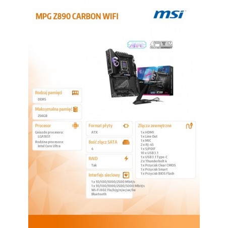 Płyta główna MPG Z890 CARBON WIFI s1851 4DDR5 HDMI/DP ATX Płyta główna MPG Z890 CARBON WIFI s1851 4DDR5 HDMI/DP ATX