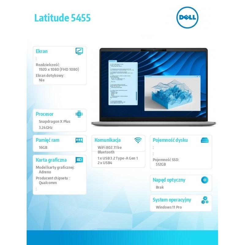 Notebook Latitude 5455 Win11Pro Snapdragon X Plus 8C 16GB/512GB SSD Gen4/14.0 FHD/Integrated/FgrPr/FHD/IR Cam/Mic/WLAN+BT/Backli