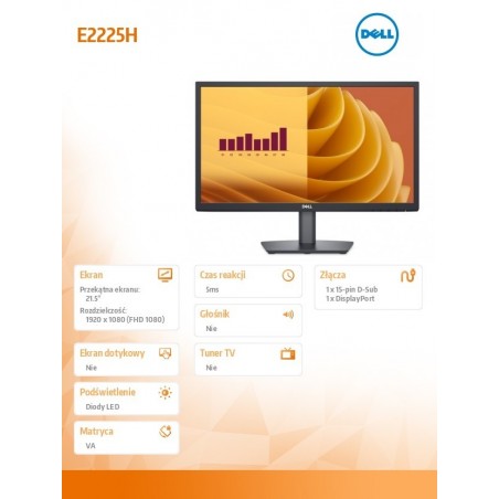 Monitor E2225H 21.5 cala LED VA 1920x1080/DP/VGA/3Y Monitor E2225H 21.5 cala LED VA 1920x1080/DP/VGA/3Y