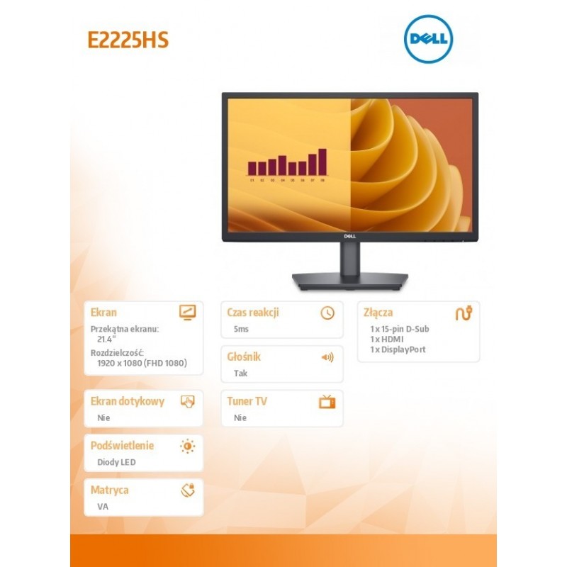 Monitor E2225HS 21.4 cala LED VA FHD/(1920x1080)/16:9/DP/HDMI/VGA/Głośniki/3Y Monitor E2225HS 21.4 cala LED VA FHD/(1920x1080)/16:9/DP/HDMI/VGA/Głośniki/3Y