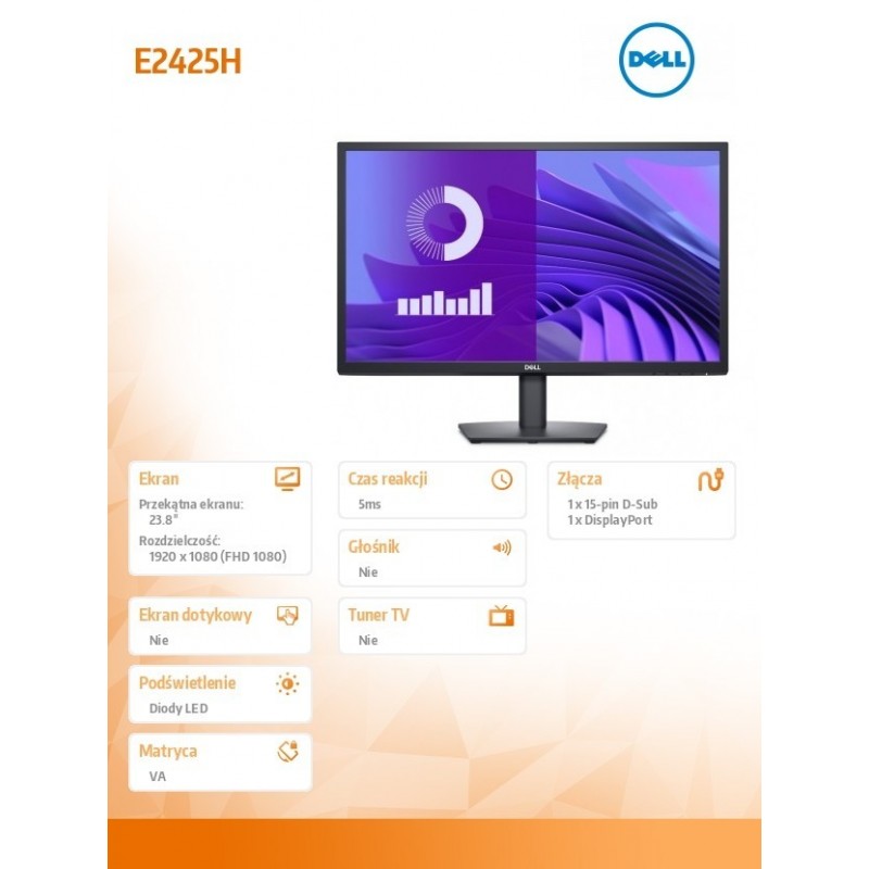 Monitor E2425H 23.8 cala LED VA 1920x1080/DP/VGA/3Y Monitor E2425H 23.8 cala LED VA 1920x1080/DP/VGA/3Y