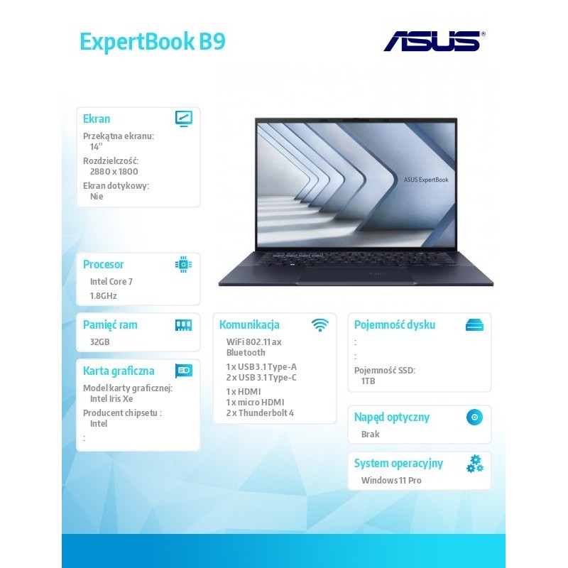 Notebook ExpertBook B9 B9403CVAR-KM0682X 14 cali OLED 90Hz core 7 150U 32GB/1TB/W11 Pro